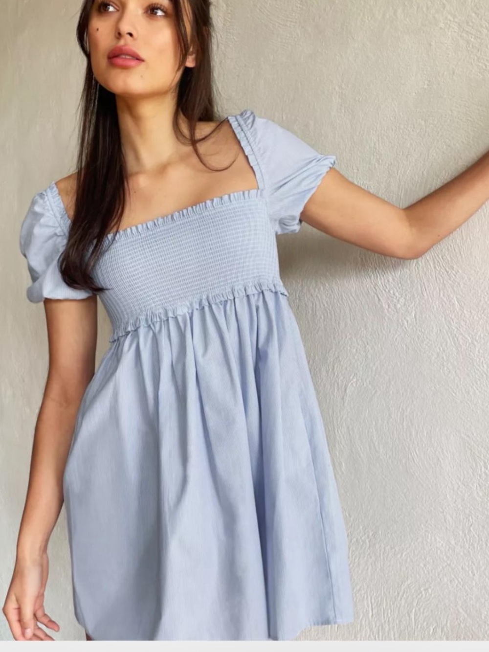 Aritzia Sunday Best Pale Blue Smocked 100% Cotton Puff Sleeve Mini Dress